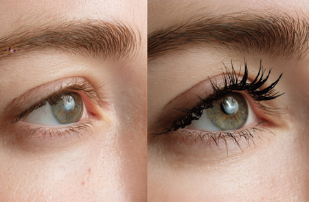 Close-up view of an eye showing natural eyelashes on one side and enhanced eyelashes with mascara on the other side. The setting has bright natural light and clear focus on the eyelashes..の素材