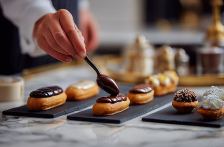 A skilled chef is carefully adding a rich chocolate glaze to freshly baked eclairs on sleek black serving trays. The vibrant kitchen showcases elegance and attention to detail.の素材