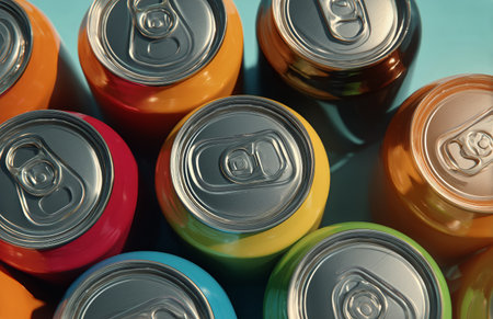 A variety of brightly colored soda cans are arranged closely together, showing their shiny tops. The scene captures a cheerful vibe under natural light.の素材