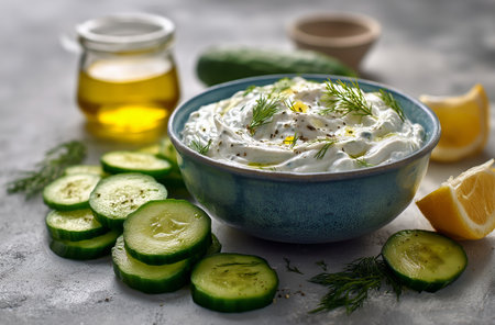 Creamy cucumber yogurt dip is beautifully presented in a bowl, surrounded by fresh lemon slices, dill, and cucumbers, enhanced by a drizzle of olive oil..の素材