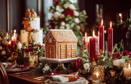 A beautiful gingerbread house stands as the centerpiece on a decorated holiday table, surrounded by candles and floral arrangements, creating a warm festive atmosphere.の素材