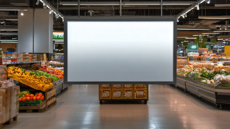 A large blank display board stands in the middle of a grocery store surrounded by colorful fruits and vegetables. Shoppers can be seen navigating aisles filled with fresh items.の素材