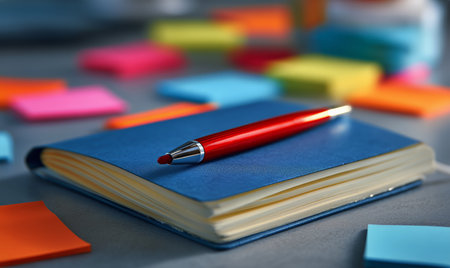 A blue notebook lies open on a gray table, with a red pen placed on it. Surrounding the notebook are colorful sticky notes, creating a vibrant study space during the day.の素材