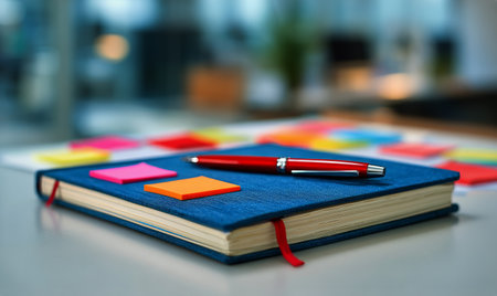 A blue notebook rests on a desk with a red pen beside it. Colorful sticky notes are scattered in the background, creating an organized yet vibrant workspace.の素材
