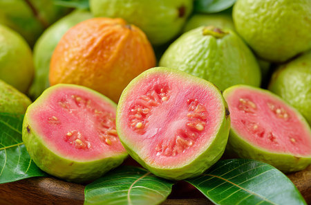Bright pink guavas are sliced in half, showcasing their juicy flesh and seeds. Surrounding them are whole ripe guavas in varying shades of green and orange on fresh leaves.の素材