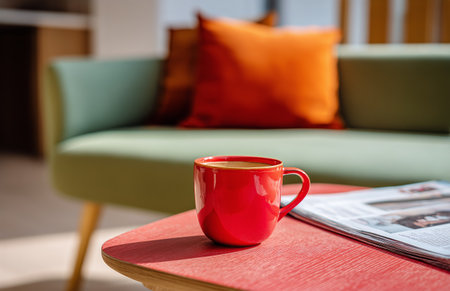 A red coffee cup sits on a wooden table beside magazines. The background features a green couch with vibrant cushions, creating a warm, inviting space for relaxation..の素材