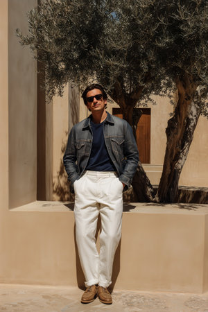 A young man stands casually with hands in pockets, dressed in a stylish outfit. He enjoys a sunny day by olive trees and a minimalist architectural backdrop.の素材