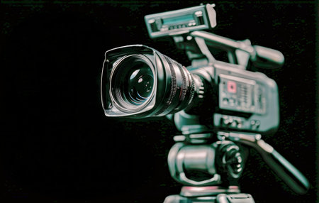 The high-quality video camera is mounted on a sturdy tripod, designed for capturing detailed footage in various settings. Its adjustable features support versatile filming needs..の素材