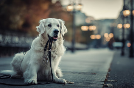 A friendly golden retriever waits calmly with a leash in its mouth, surrounded by a city park at dusk. The soft glow of street lamps lights the evening scene.の素材