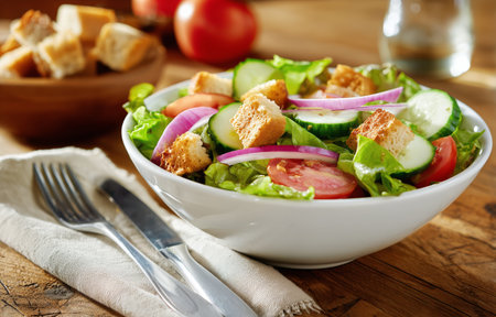 A bowl of colorful garden salad featuring crisp lettuce, slices of cucumber, tomatoes, red onion, and crunchy croutons. The setting includes a side of bread and fresh tomatoes.の素材