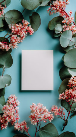 Soft pink flowers and green leaves frame a white canvas placed on a gentle blue background, creating a serene and artistic scene, perfect for creative projects or design inspiration..の素材