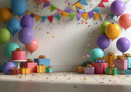 Brightly colored balloons and gift boxes fill the room for a birthday party. Streamers and confetti add to the cheerful mood, creating a festive atmosphere for celebration.の素材