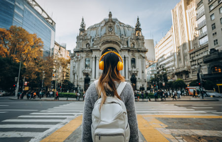 A young woman wearing yellow headphones and a gray sweater stands on a street corner. Behind her is a grand historic building in Buenos Aires, surrounded by trees and people.の素材