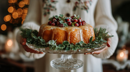 A person holds a festive dessert decorated with caramel and greenery. The warm lights and soft ambiance create a cozy atmosphere perfect for holiday gatherings..の素材