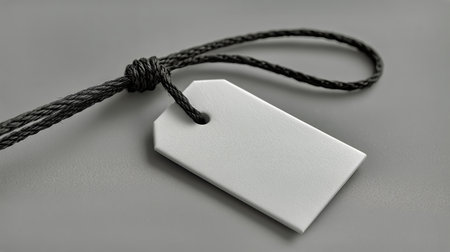A plain white tag with a string lies on a gray surface, ideal for crafting or product labeling. The tag is blank, providing space for writing or printing information..の素材