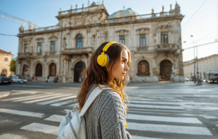 A young woman wearing yellow headphones and a gray sweater stands on a street corner. Behind her is a grand historic building in Buenos Aires, surrounded by trees and people..の素材