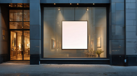 A modern gallery window showcases a large blank canvas. The scene captures the contrast of the dimly lit interior with warm lights reflecting on the glass.の素材