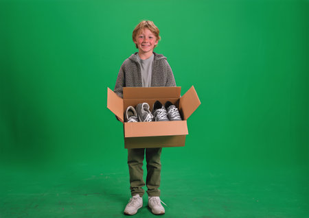 A cheerful child holds a cardboard box filled with new shoes while standing on a green backdrop. The child is smiling and dressed in casual clothing.の素材