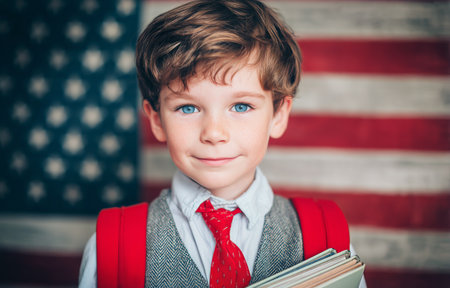 A young boy with blue eyes smiles while holding a stack of books. He wears a plaid shirt and a red backpack, standing in front of an American flag backdrop..の素材
