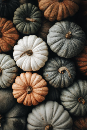 A collection of different pumpkins in shades of orange, white, and green create a vibrant display. These unique pumpkins reflect the spirit of autumn and seasonal harvest.の素材