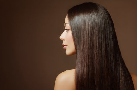 A woman poses gracefully with her profile visible, highlighting her long, glossy hair against a warm brown backdrop. Soft lighting enhances the elegance of the moment..の素材