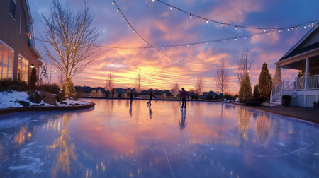 Twinkling lights adorn the trees around a frozen pond at sunset. Colorful skies reflect on the ice, creating a serene atmosphere in a cozy neighborhood..の素材