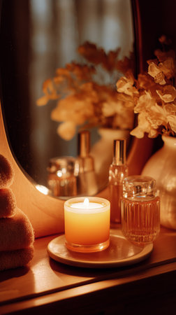 A beautiful glass perfume bottle sits on a round tray beside lit candles. Soft evening light reflects off the mirror, creating a warm and inviting atmosphere in the room..の素材