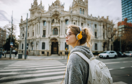 A young woman wearing headphones strolls along a city street. She gazes thoughtfully towards a grand historic building in the background, showing urban life.の素材