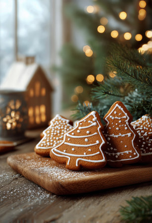 Gingerbread cookies shaped like Christmas trees sit on a wooden board. A cozy home with warm lights glows in the background, creating a festive holiday atmosphere with pine decor.の素材