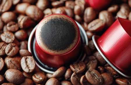 Red coffee pods rest on a bed of roasted coffee beans, showing the rich texture and color contrast. This setup highlights the brewing process and flavor potential.の素材