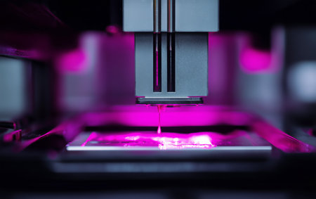 A close-up view of a 3D printer applying a liquid material onto a surface, illuminated by vibrant pink lights in a laboratory environment.の素材