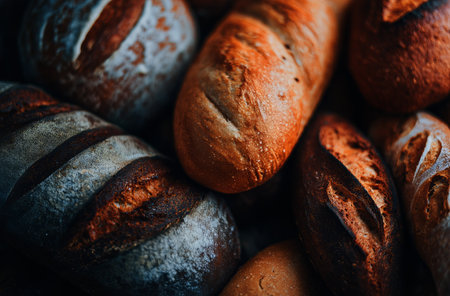 Various types of freshly baked artisan bread are arranged closely together, showing different textures and colors under warm sunlight in a cozy bakery setting.の素材