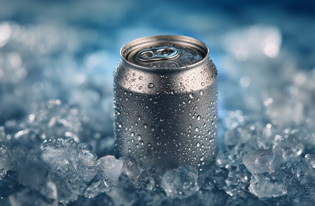 A metallic beverage can covered in droplets rests on a bed of ice. The cool setting creates a refreshing atmosphere ideal for summer enjoyment..の素材