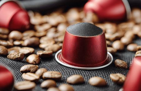 Red coffee pods rest on a bed of roasted coffee beans, showing the rich texture and color contrast. This setup highlights the brewing process and flavor potential..の素材