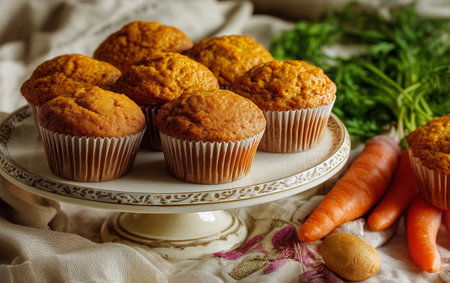 Soft, golden carrot muffins rest on a decorative cake stand. Fresh carrots are placed beside the stand, creating a warm and inviting scene in a cozy kitchen.の素材