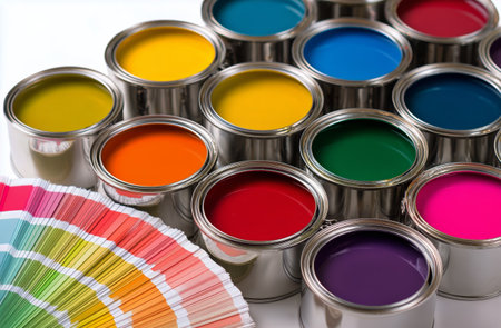 Various paint cans filled with bright colors sit beside a fan of color swatches, showcasing a range of hues for art and design projects. Perfect for inspiration and selection.の素材