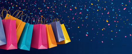 Brightly colored shopping bags in pink, orange, and blue are lined up against a blue backdrop, surrounded by colorful confetti falling joyfully from above..の素材