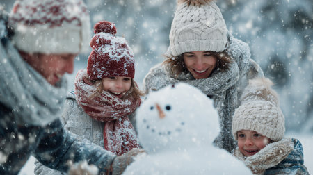 A family enjoys a snowy day in the park, building a snowman together. Kids laugh and smile while dressed warmly in winter gear, surrounded by falling snowflakes.の素材