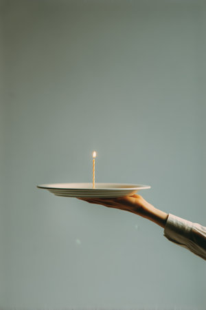 A hand holds a white plate with a lit candle on it, creating a warm and inviting atmosphere. The soft lighting enhances the serene feeling of the scene..の素材