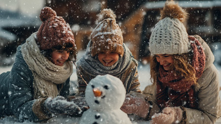 Three children enjoy a snowy day, laughing and constructing a snowman. They wear warm hats and scarves, surrounded by a beautiful winter landscape.の素材