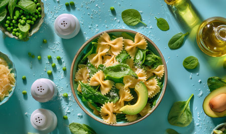 A vibrant bowl of farfalle pasta mixed with fresh spinach, avocado, and green peas is served on a light blue table. Olive oil and spices surround the dish, enhancing the flavors.の素材