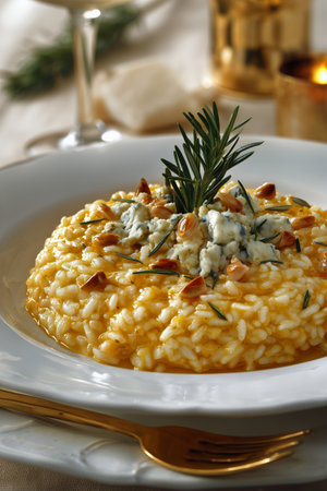Plate showcases a creamy risotto topped with green herbs and red pepper flakes, served with gold cutlery, ideal for a cozy dinner setting..の素材