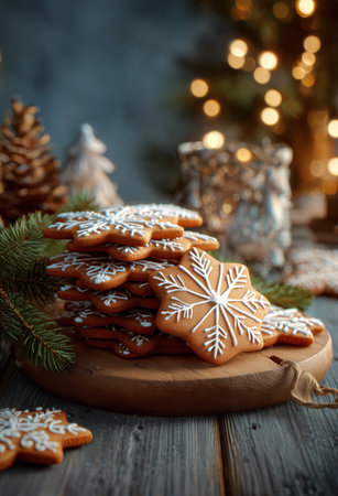 A stack of beautifully decorated gingerbread cookies shaped like snowflakes sits on a wooden platter. The scene is festive with soft lights and pine accents in the background.の素材