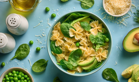 A vibrant bowl of pasta salad features farfalle, fresh spinach, avocado slices, and green peas. Olive oil and cheese sit nearby on a bright blue table.の素材