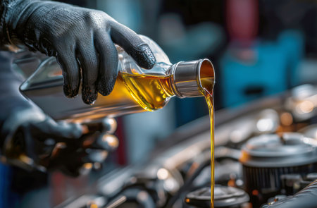 Two mechanics pour fresh engine oil into a car engine in a garage. The workshop is busy with tools and bright lights illuminating the workspace..の素材