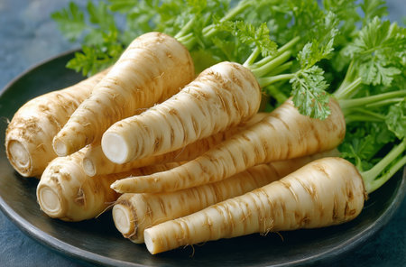 A collection of fresh parsnips lies on a black plate, their green tops still attached. The root vegetables display a creamy white color, perfect for adding to dishes or enjoying raw.の素材