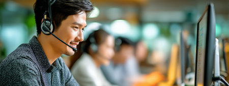 Customer support agent engages with clients in a bustling call center, using a headset and computer. The atmosphere is focused and collaborative during business hours.の素材