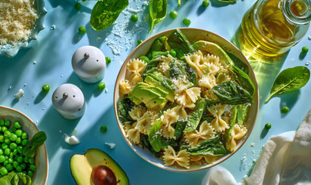 A vibrant bowl of farfalle pasta mixed with fresh spinach, avocado, and green peas is served on a light blue table. Olive oil and spices surround the dish, enhancing the flavors..の素材