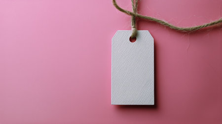 A blank tag hangs from a string on a pink surface, ideal for labeling items or use in craft projects. The simple design allows for personal customization or branding.の素材