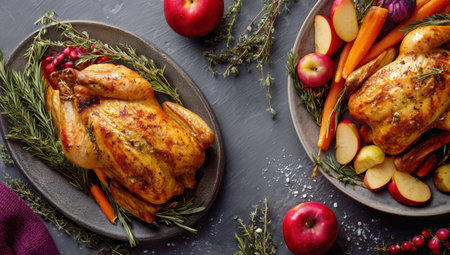 Two roasted chickens are beautifully arranged on platters, surrounded by colorful fruits and vegetables, ready for a festive meal with friends and family.の素材
